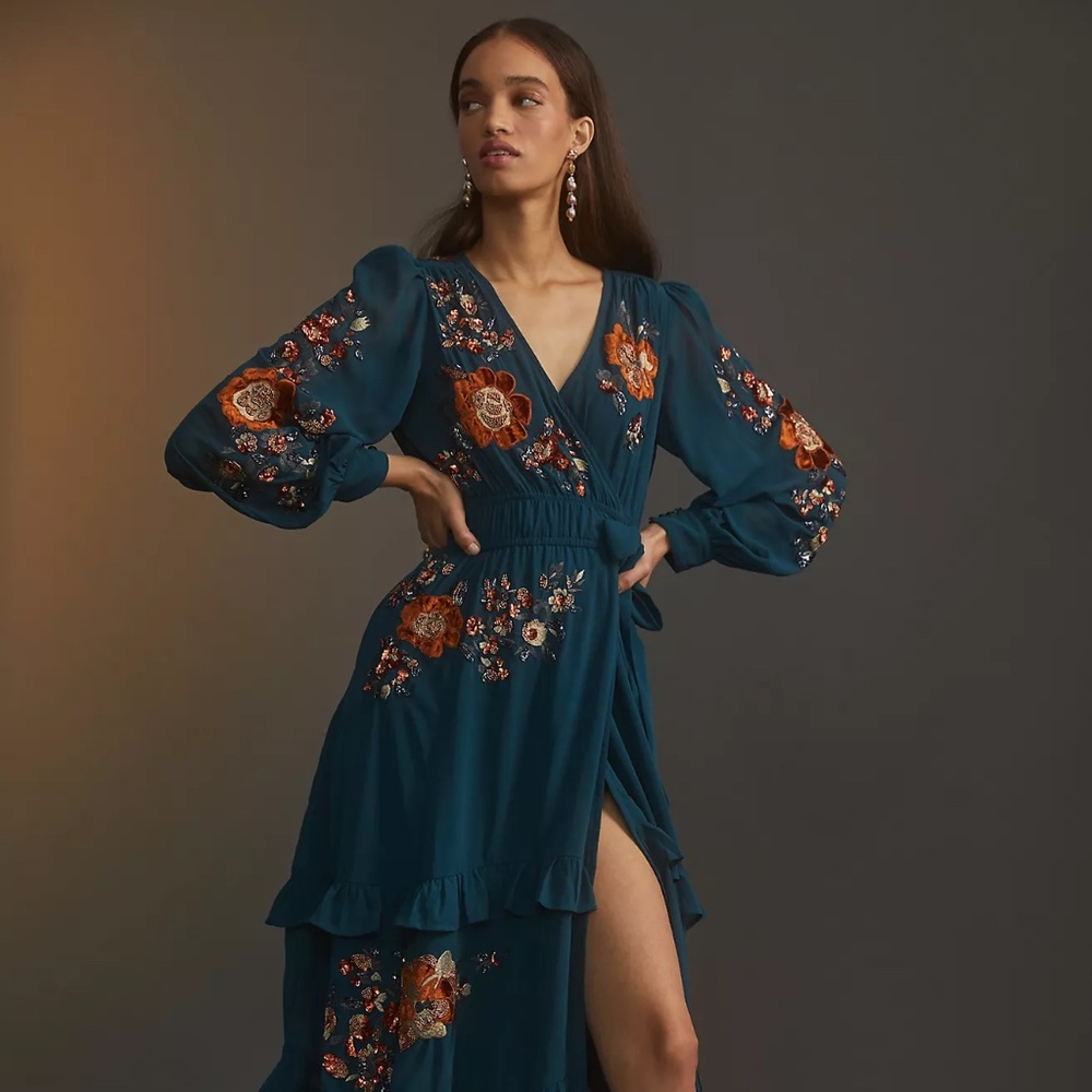 ISO: Anthropologie Beaded Wrap Midi Dress 